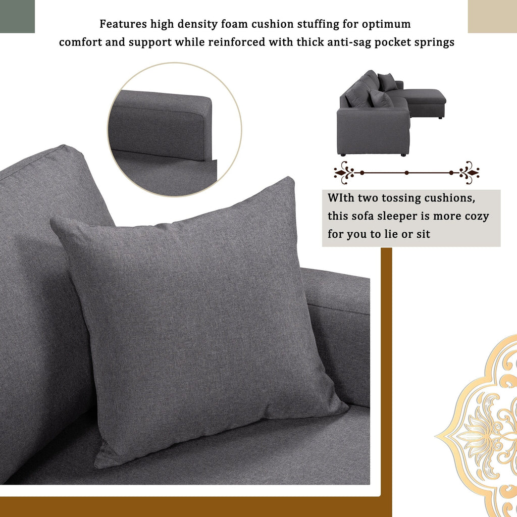 Convertible L-Shaped Sectional Sofa with Pull-Out Bed and Storage Space, 2 Tossing Cushions