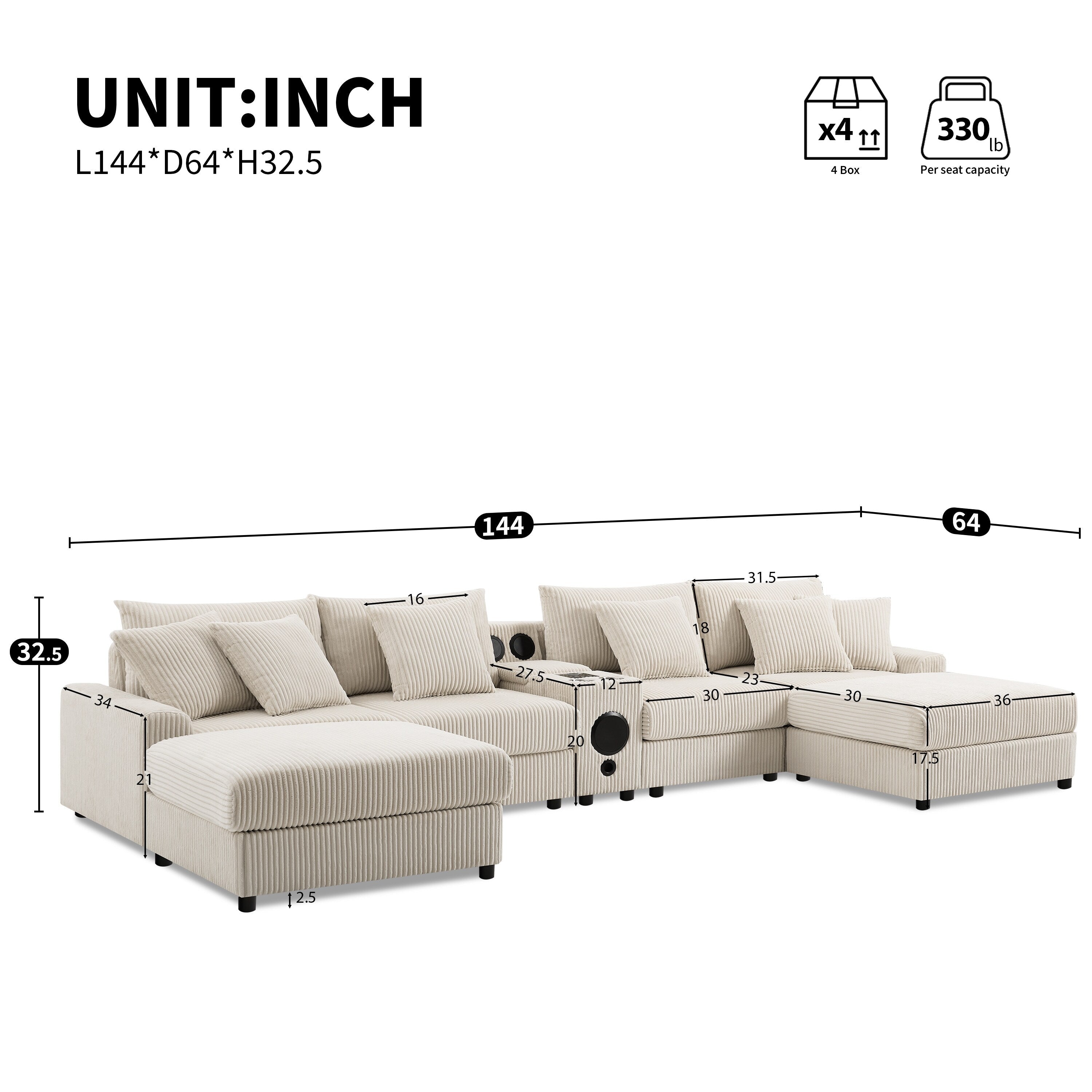 Corduroy Sectional Sofa with Bluetooth Speakers, USB Charger, Cup Holders, Storage, Ottoman, Deep and Wide Seat