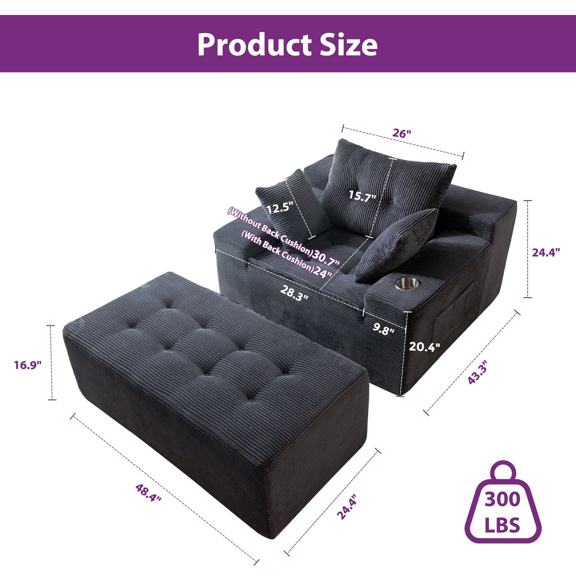 Corduroy Upholstered Memory Foam Sofa With Ottoman Upholstered Bean Bag Couch - 48.4Lx67.7Wx24.4H