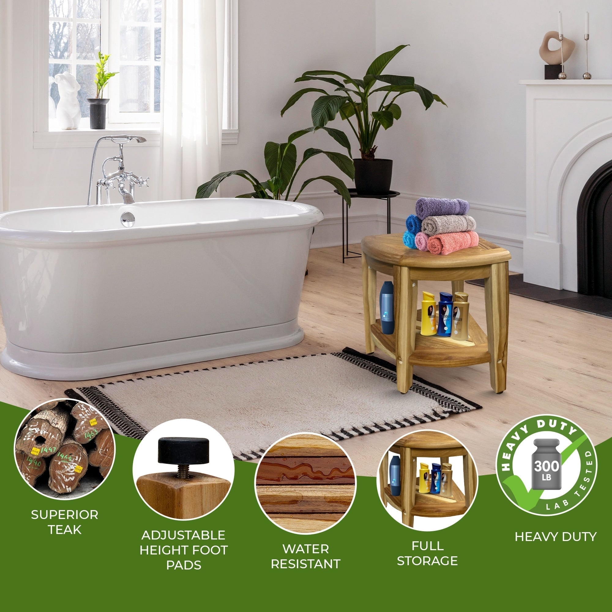 EcoDecors, Snazzy Corner, Teak Shower Bench, Teak Shower Stool, Corner Shower Stool, Teak Corner Shower Bench, With Shelf