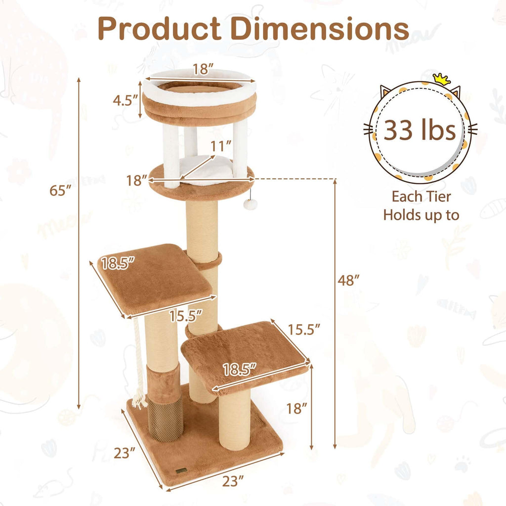 Costway 65 Tall Cat Tree for Indoor with Self-groomer Padded Perch - See Details