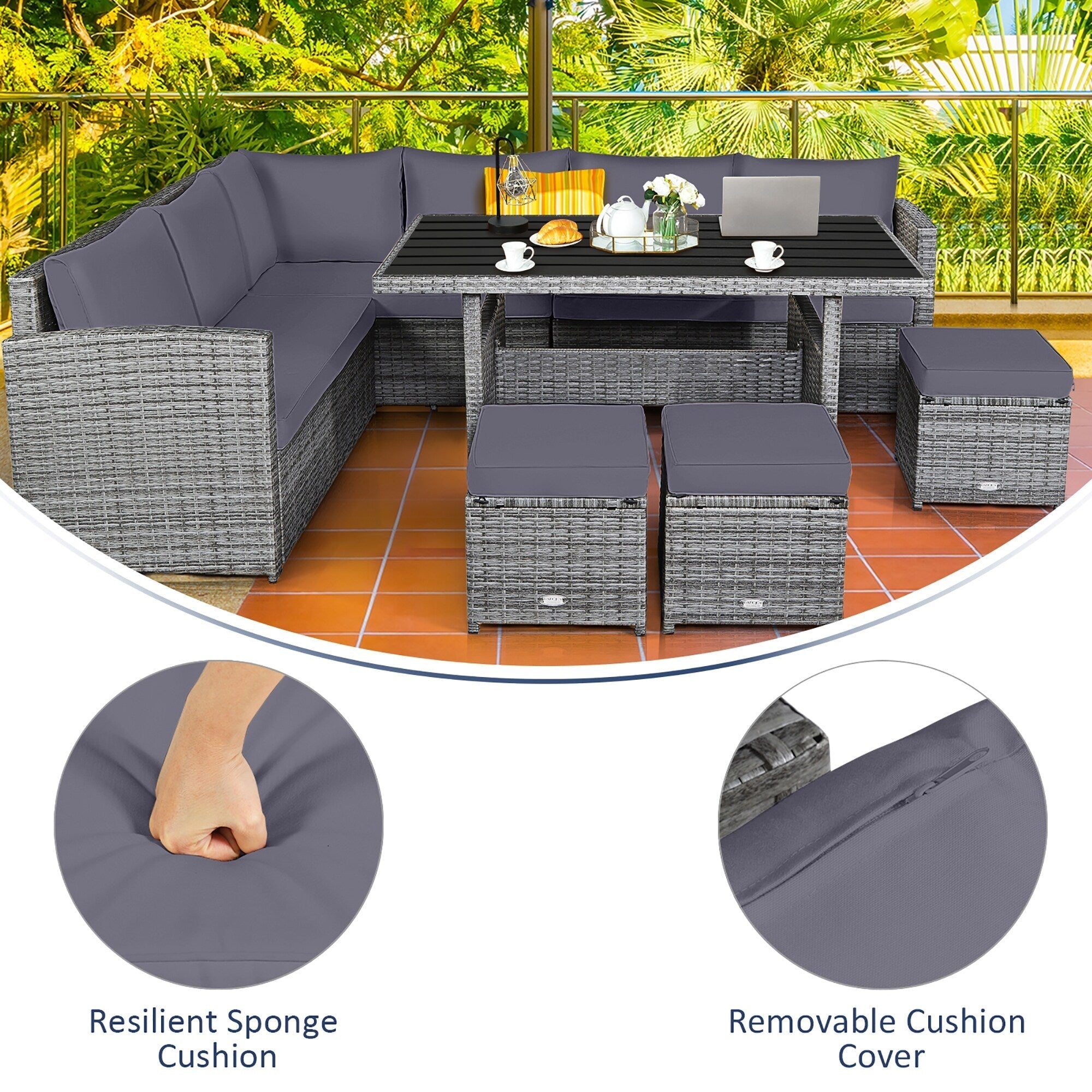 Costway 7 PCS Patio Rattan Dining Set Sectional Sofa Couch Ottoman - See Details
