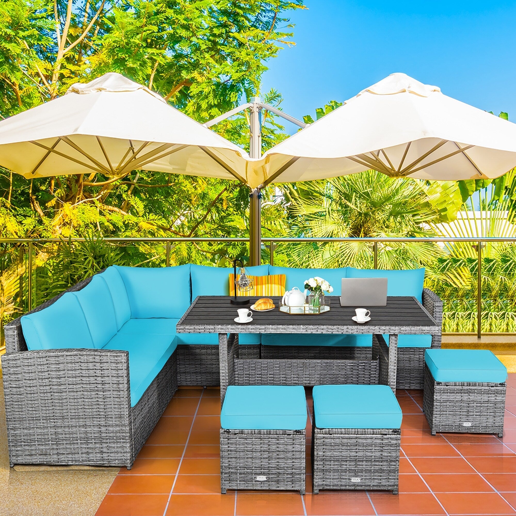 Costway 7 PCS Patio Rattan Dining Set Sectional Sofa Couch Ottoman - See Details
