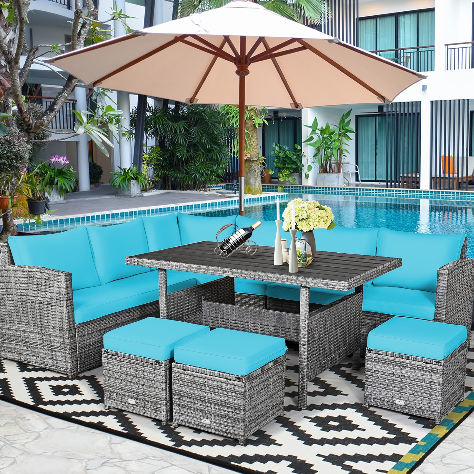 Costway 7 PCS Patio Rattan Dining Set Sectional Sofa Couch Ottoman - See Details