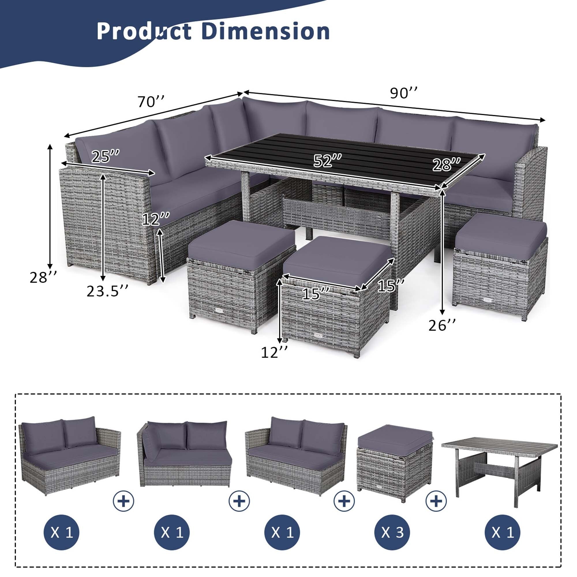 Costway 7 PCS Patio Rattan Dining Set Sectional Sofa Couch Ottoman - See Details