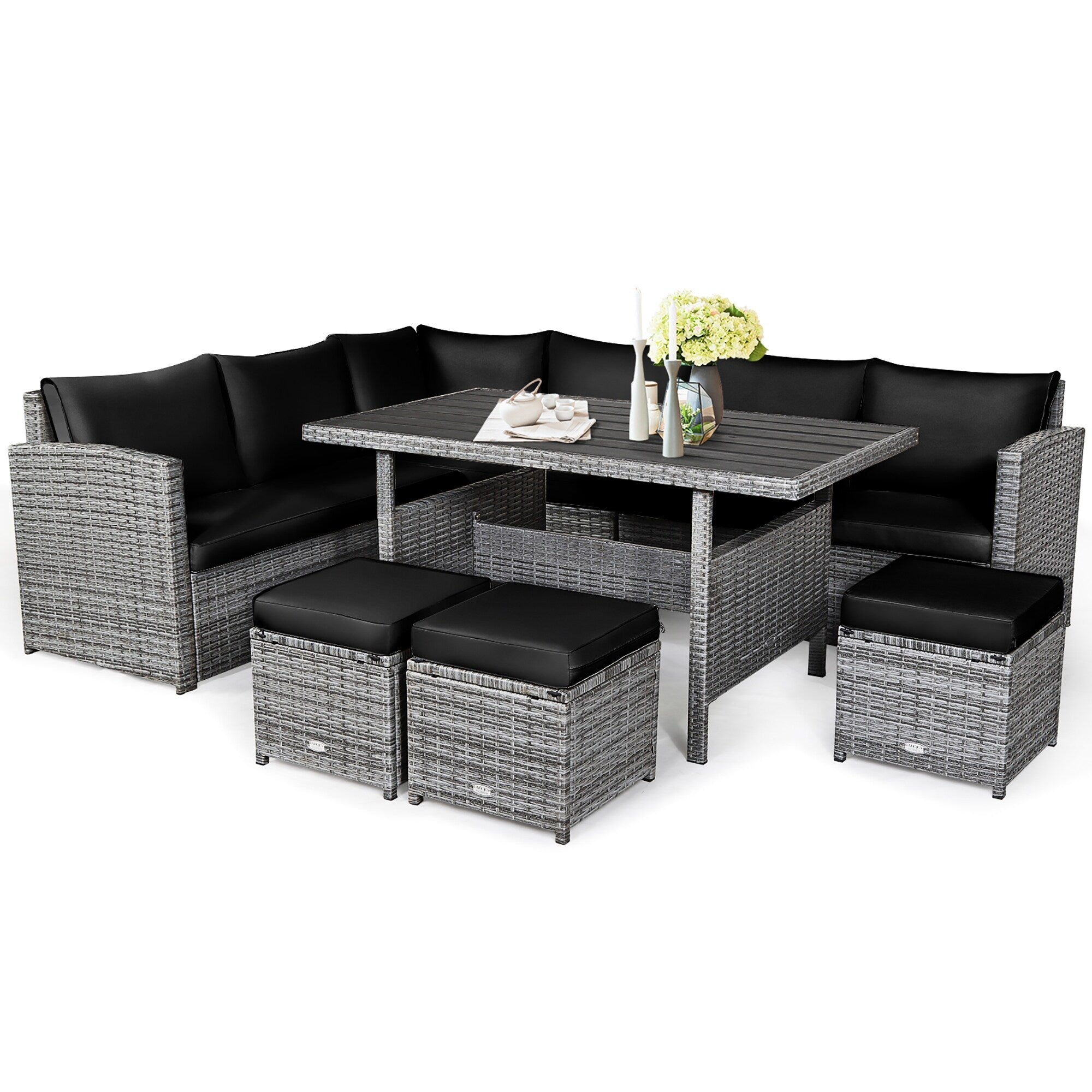Costway 7 PCS Patio Rattan Dining Set Sectional Sofa Couch Ottoman - See Details