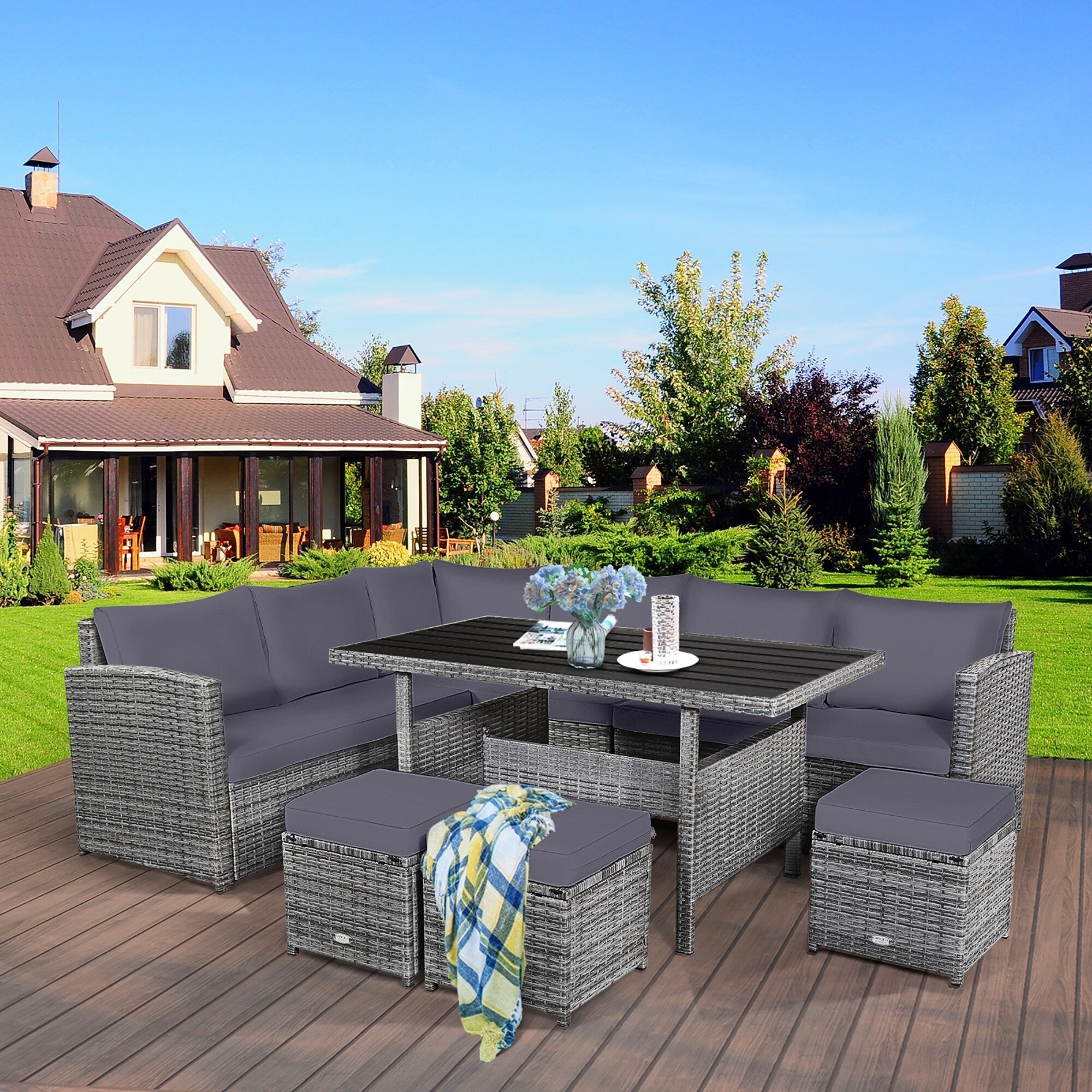 Costway 7 PCS Patio Rattan Dining Set Sectional Sofa Couch Ottoman - See Details
