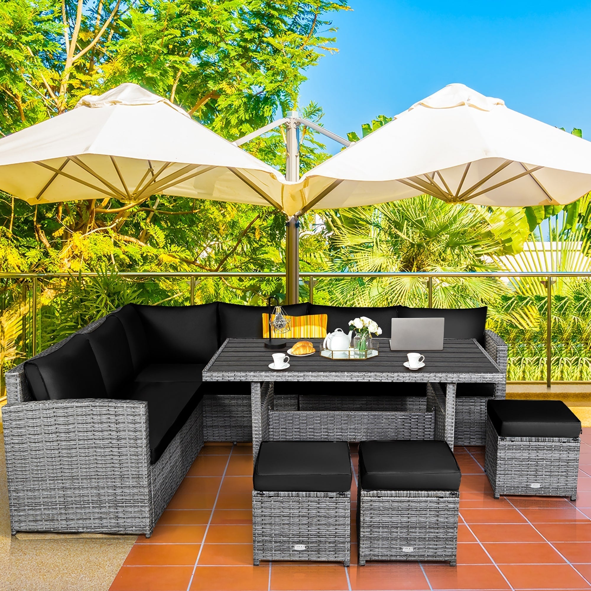 Costway 7 PCS Patio Rattan Dining Set Sectional Sofa Couch Ottoman - See Details