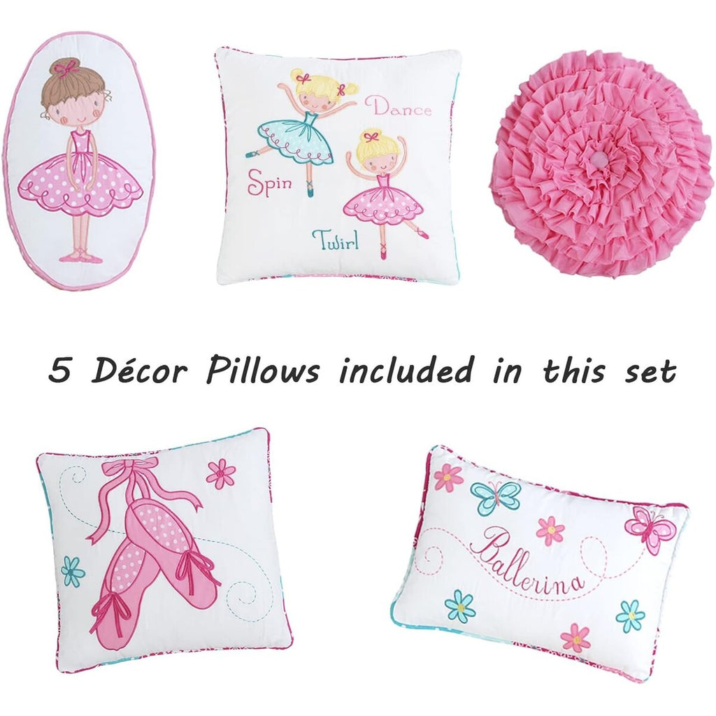 Cozy Line Ballerina Pink Girls Reversible Cotton Quilt Bedding Set with Decorative Pillows