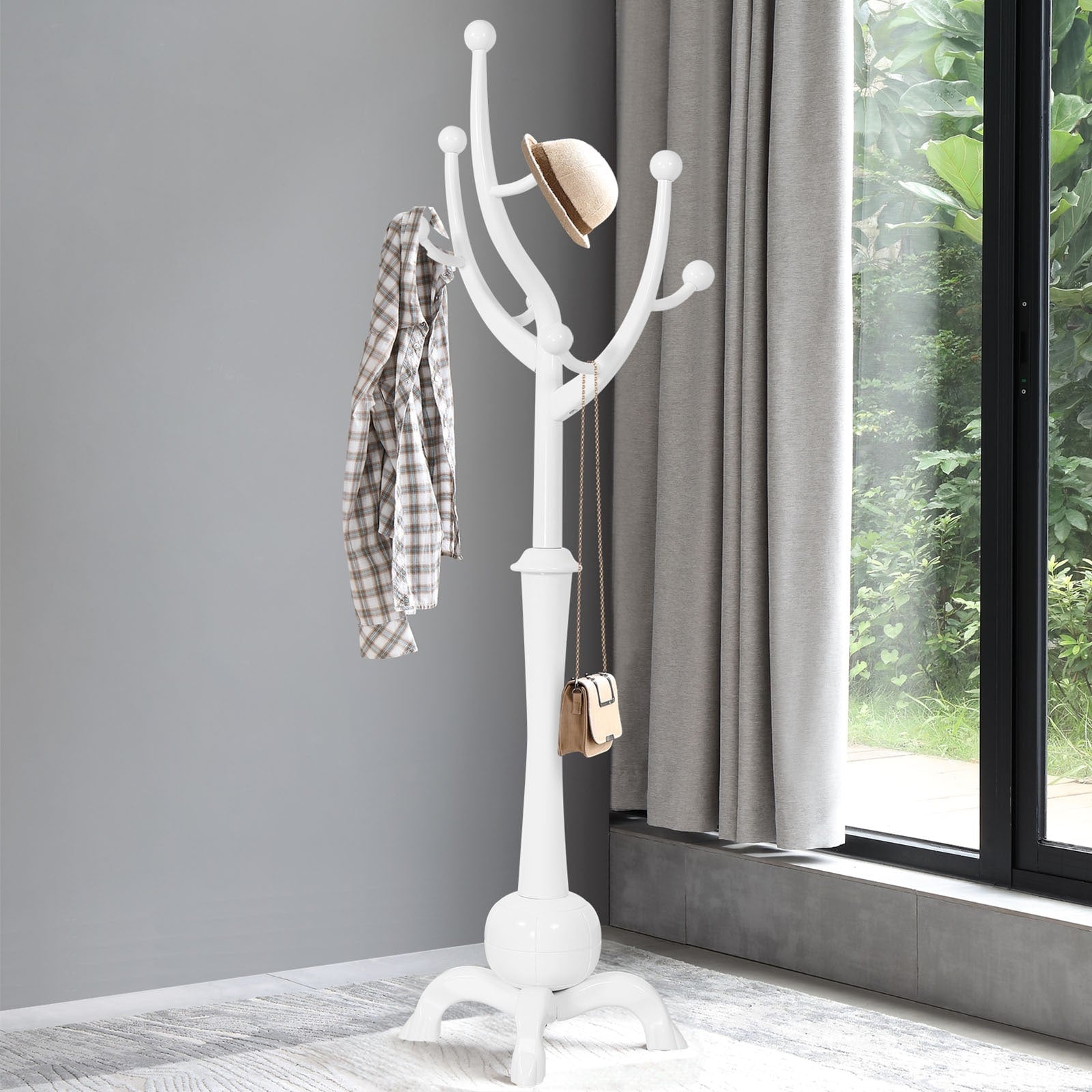 Tree-branch Rubberwood Freestanding Coat Rack with 8 Hooks - 24.5W x 70.87H