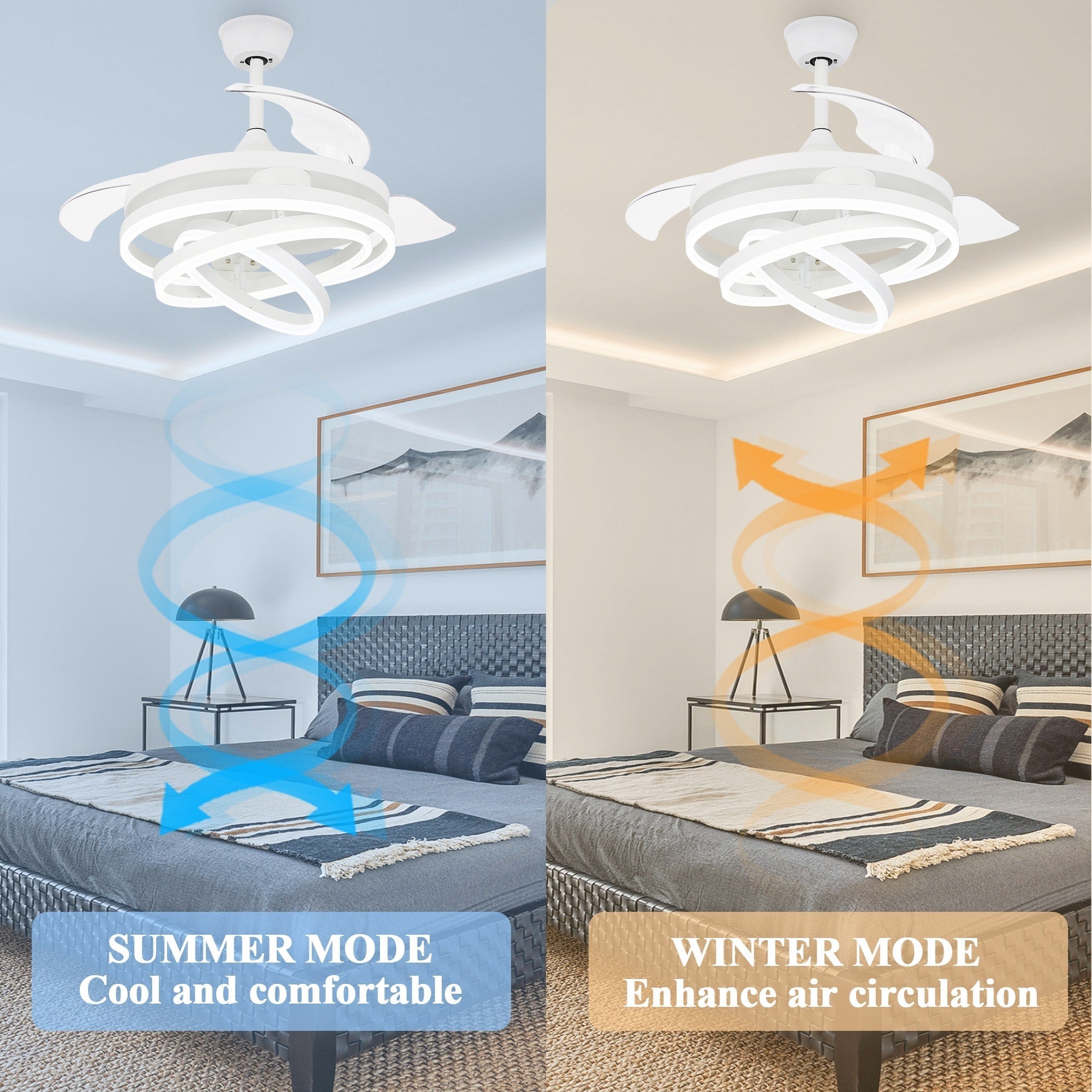 Cusp Barn 42 Retractable Ceiling Fan with Lights and Remote DIY Shape Fandelier Modern Silent DC Motor LED Ceiling Light