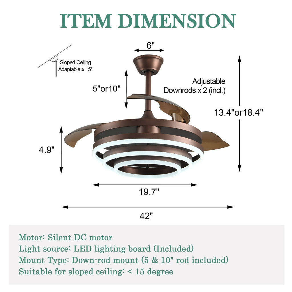 Cusp Barn 42 Retractable Ceiling Fan with Lights and Remote DIY Shape Fandelier Modern Silent DC Motor LED Ceiling Light