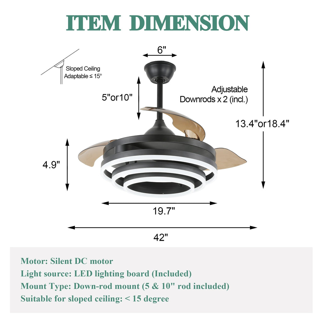 Cusp Barn 42 Retractable Ceiling Fan with Lights and Remote DIY Shape Fandelier Modern Silent DC Motor LED Ceiling Light