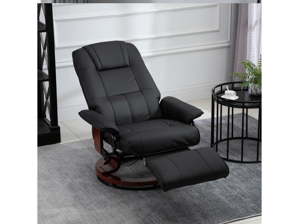 Meublori reclining armchair with adjustable footrest, 360° swivel, wooden base, and black PU upholstery.