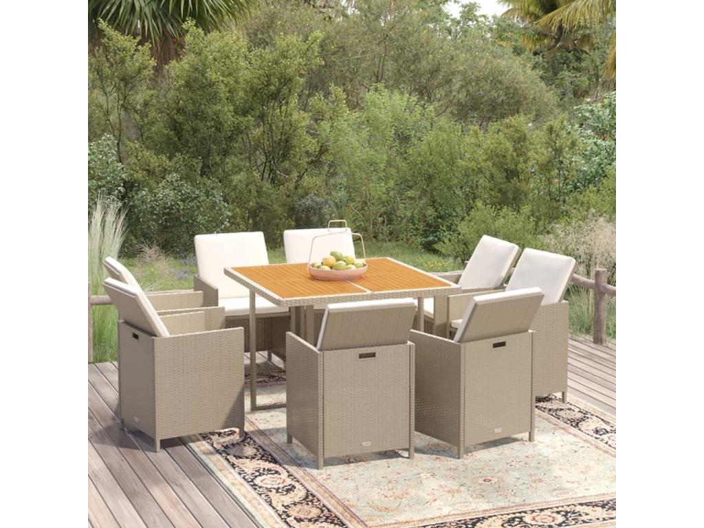 9-piece garden dining set and cushions, poly rattan, beige