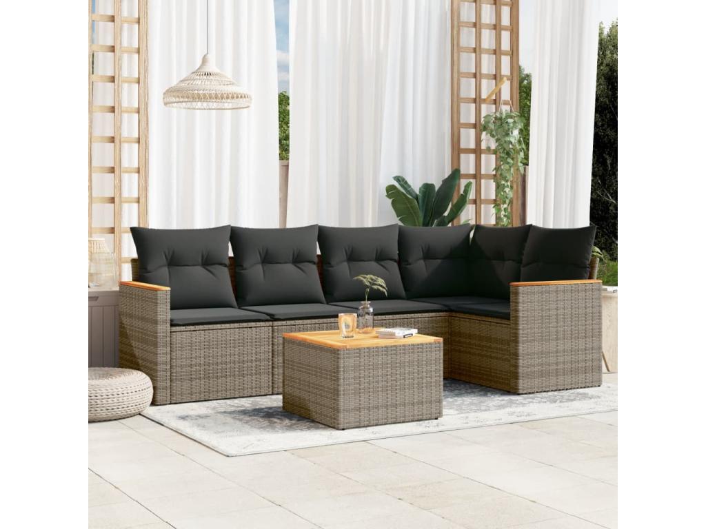 6-piece garden furniture set with grey resin wicker cushions