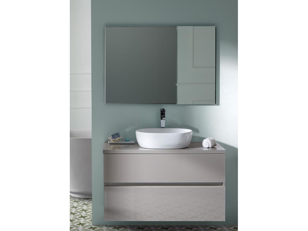 Bathroom vanity unit in Meublori color with countertop ceramic mirror basin - Length 100 x Depth 46 x Height 56 ​​cm