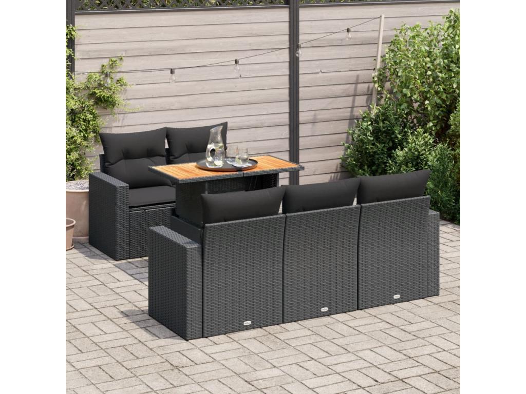 6-piece garden furniture set with cushions, black woven resin