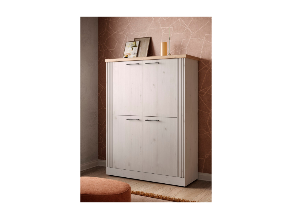 4-door tall sideboard in oak finish, Meublori and meringue white, H160 cm - COUNTRY