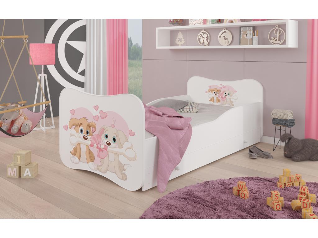 White wooden children's bed with drawers and a print of loving dogs - Slatted base and mattress included - Ondula-80x160