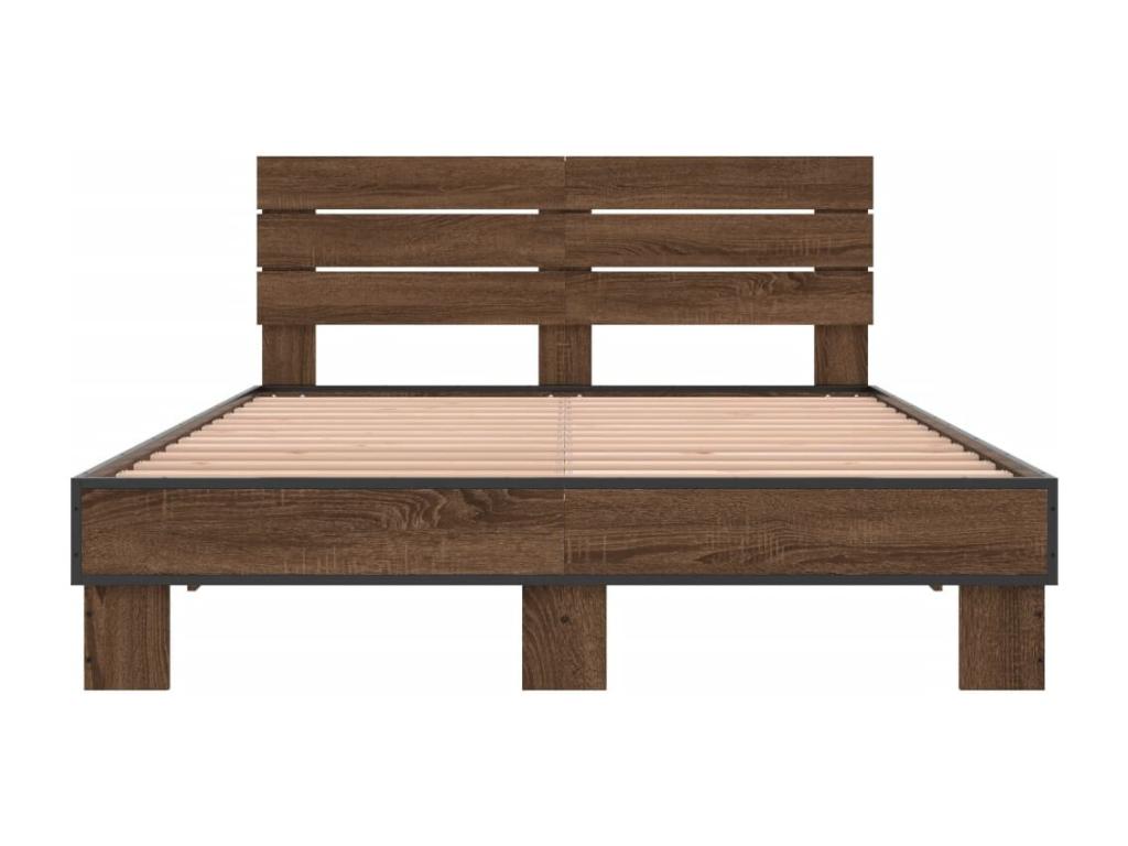Brown oak bed frame 135x190 cm engineered wood and metal