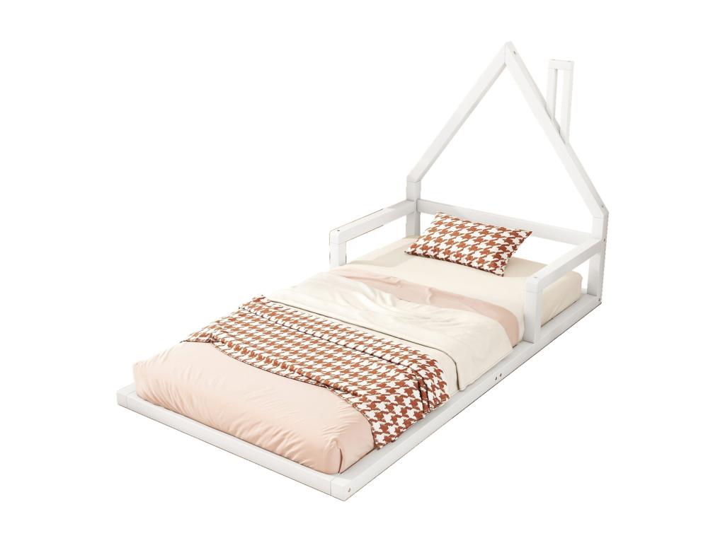 Cabin bed 90x200cm flat children's bed in the shape of a house with slatted base by Meublori in solid white pine