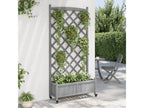 Planter with trellis and wheels, grey solid fir wood