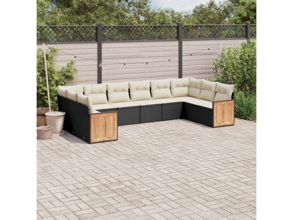 10-piece garden furniture set with cushions, black woven resin