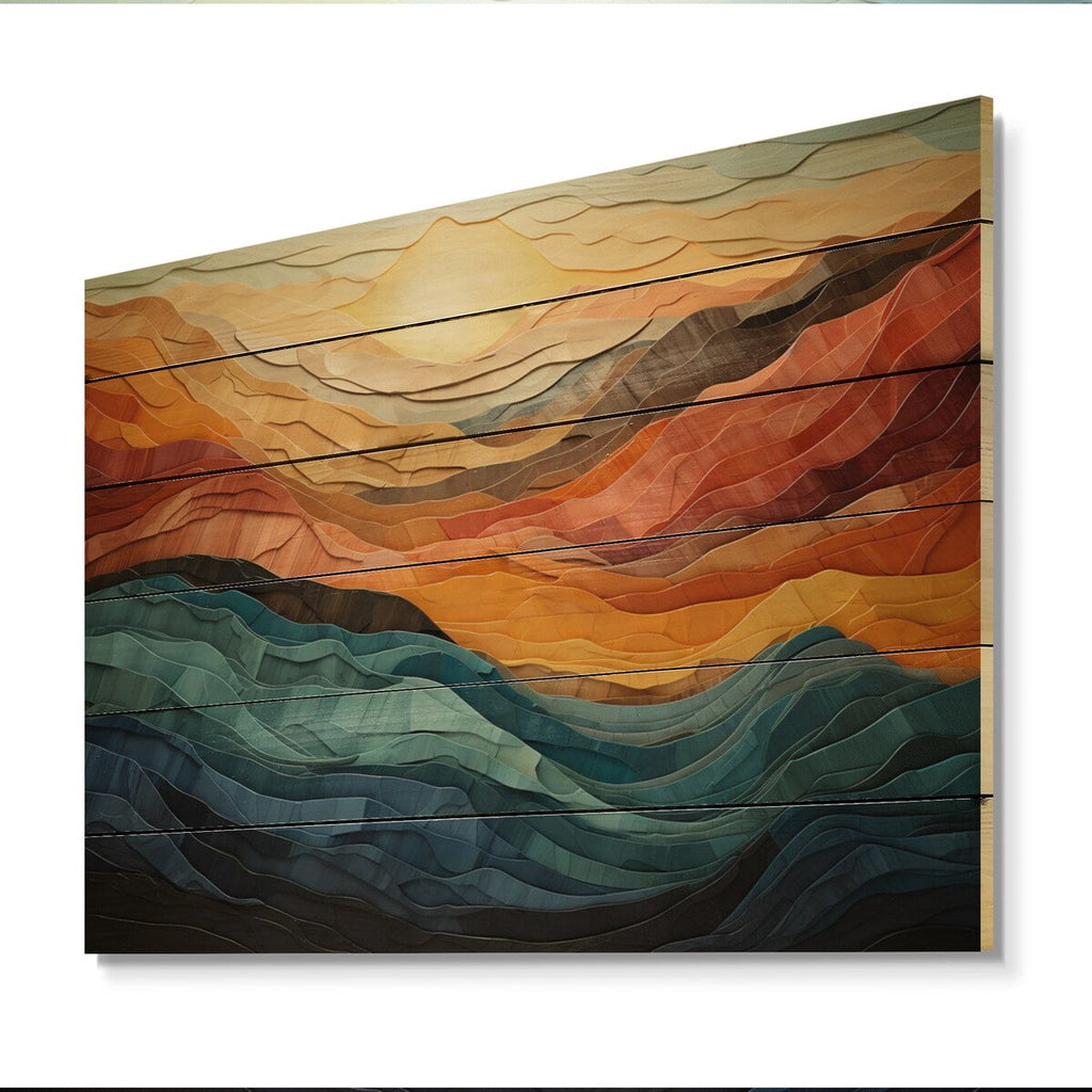 Designart Coral Teal Bold Mountains Landscape Modern Print on Natural Pine Wood