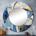 Designart Gold Constructing Blue Realms I Abstract Shapes Round Mirror - Modern Blue Living Room Mirror