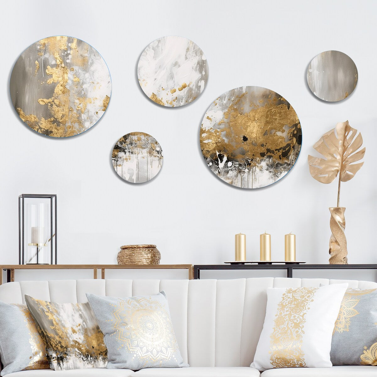 Designart Gold and White Abstract Abstract Painting Metal Wall Art Decor Set Of 5