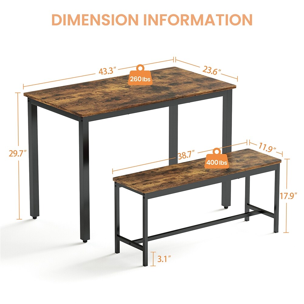 Dining Table Set, Wood Bar Table Set, Kitchen Table w/2 Benches - 3-Piece