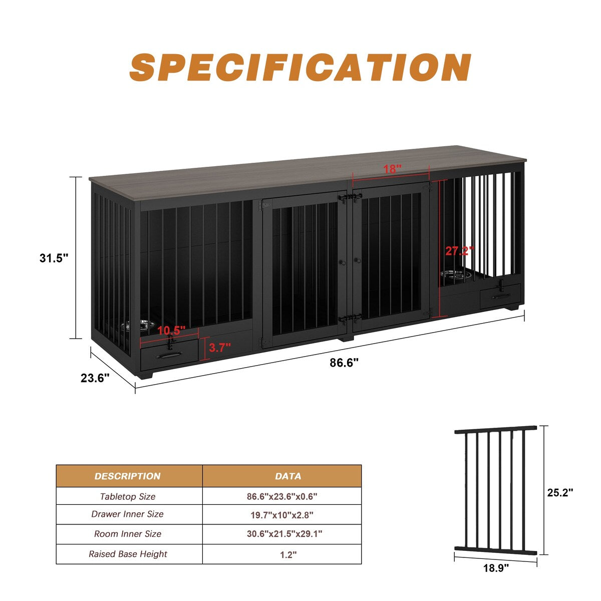 Dog Crate Furniture -Wooden Dog Kennel with Room Divider and 2 Drawers