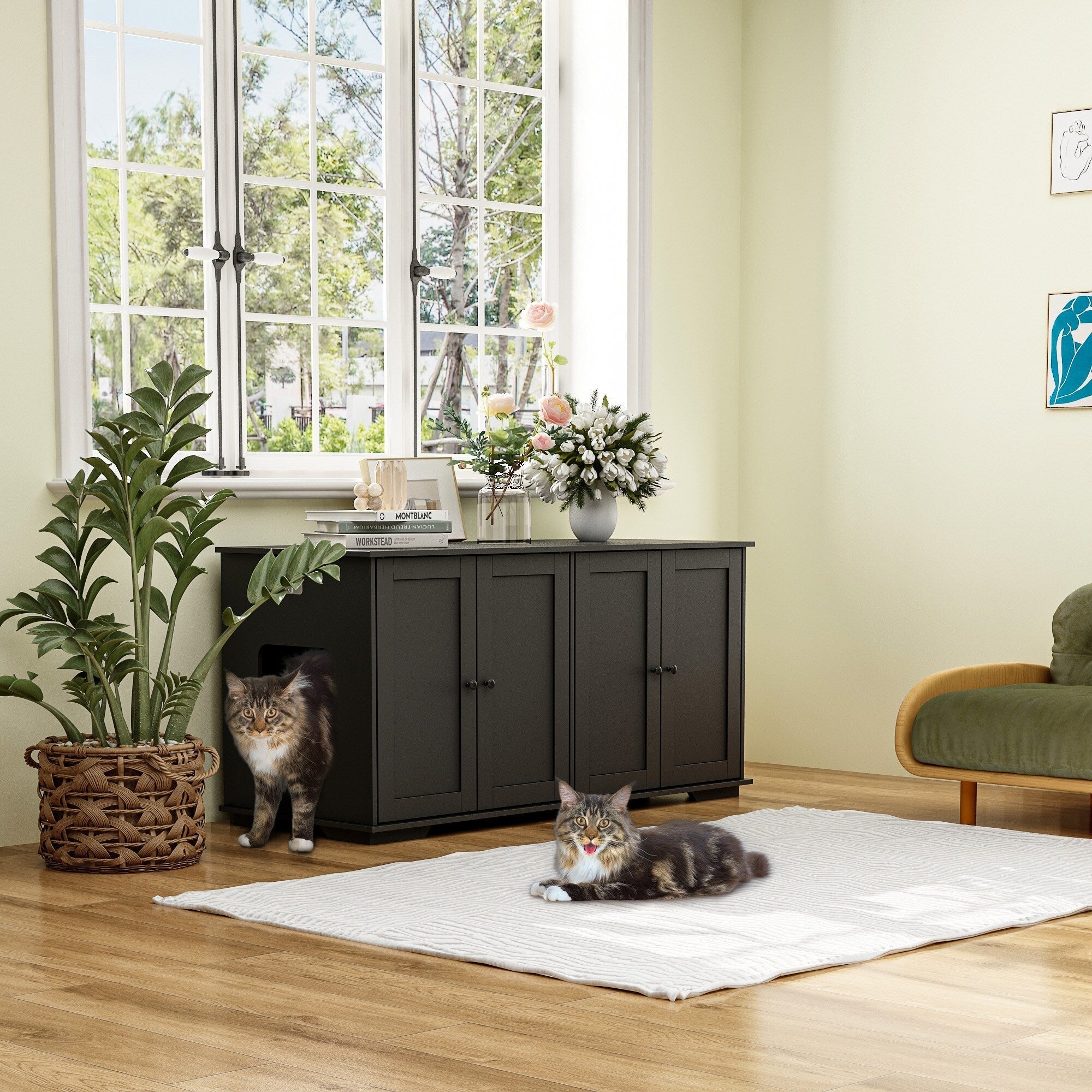 Double Pet Privacy Washroom Cat Litter Box Concealment Furniture