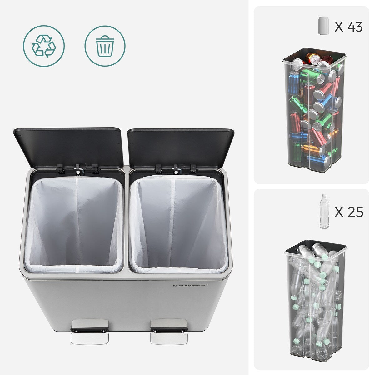 Dual Trash Can, 2 x 8-Gallon Rubbish Bin