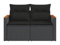 Garden sofa with cushions, 2-seater, black woven resin