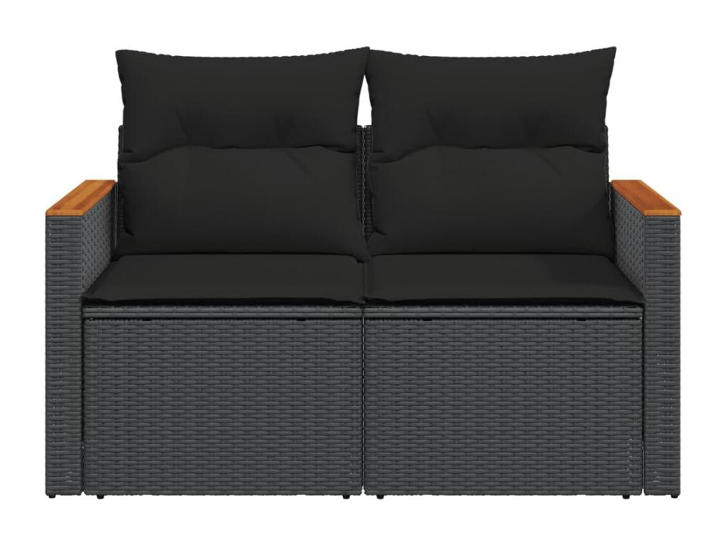 Garden sofa with cushions, 2-seater, black woven resin