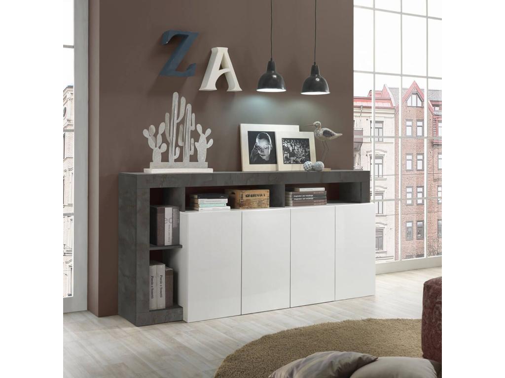 Meublori - 4-Door White Lacquered Buffet with Grey-Effect Niches and Frame