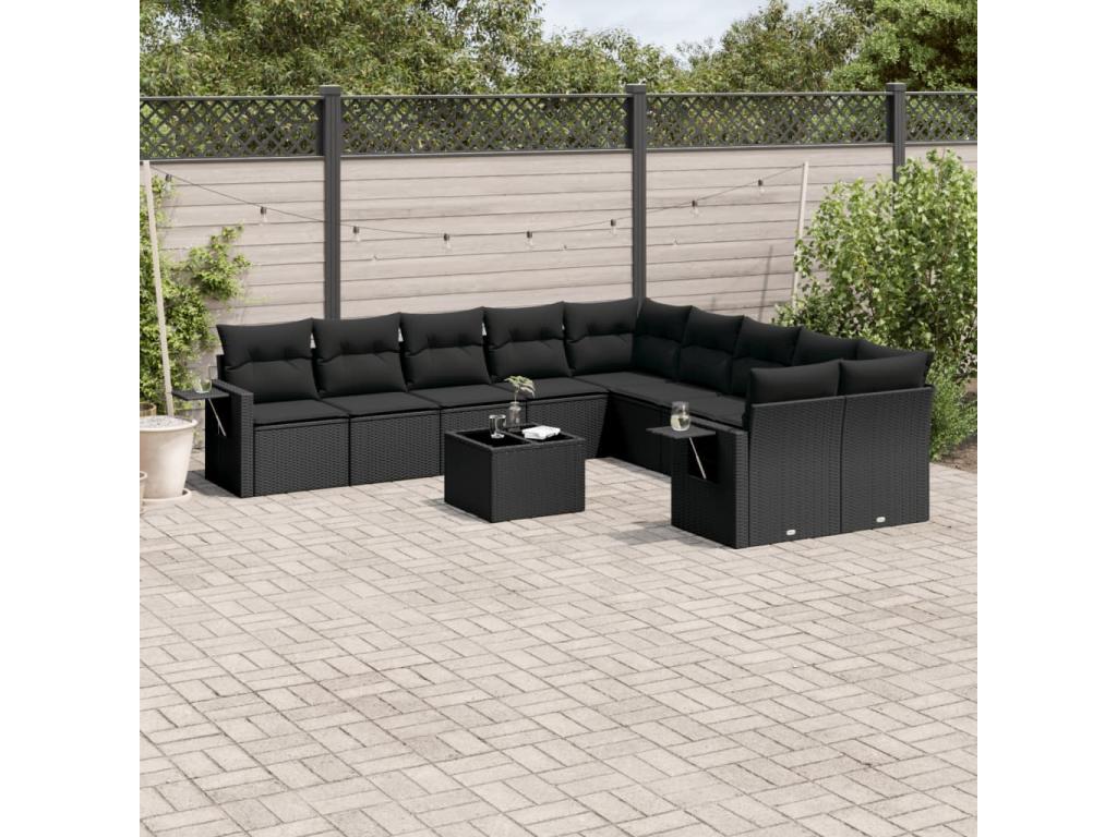 11-piece garden furniture set with cushions, black woven resin