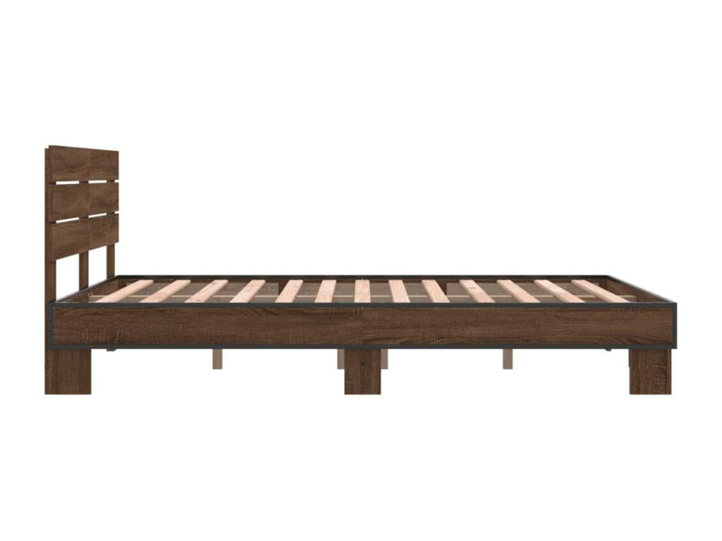 Brown oak bed frame 135x190 cm engineered wood and metal