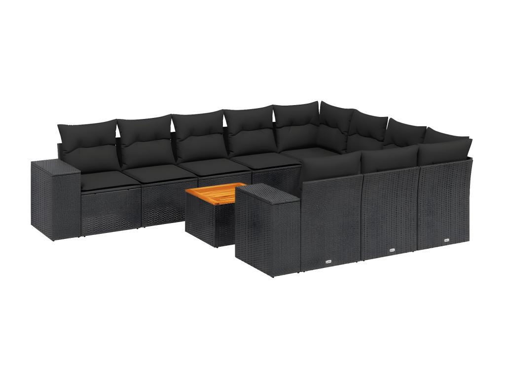 11-piece garden furniture set with cushions, black woven resin
