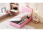 90x200 cm storage bed with adjustable headboard and LED lighting - faux leather - crown pattern - pink (mattress not included) TONP06222