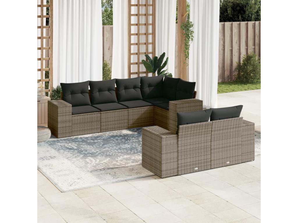 7-piece garden furniture set with cushions, grey woven resin
