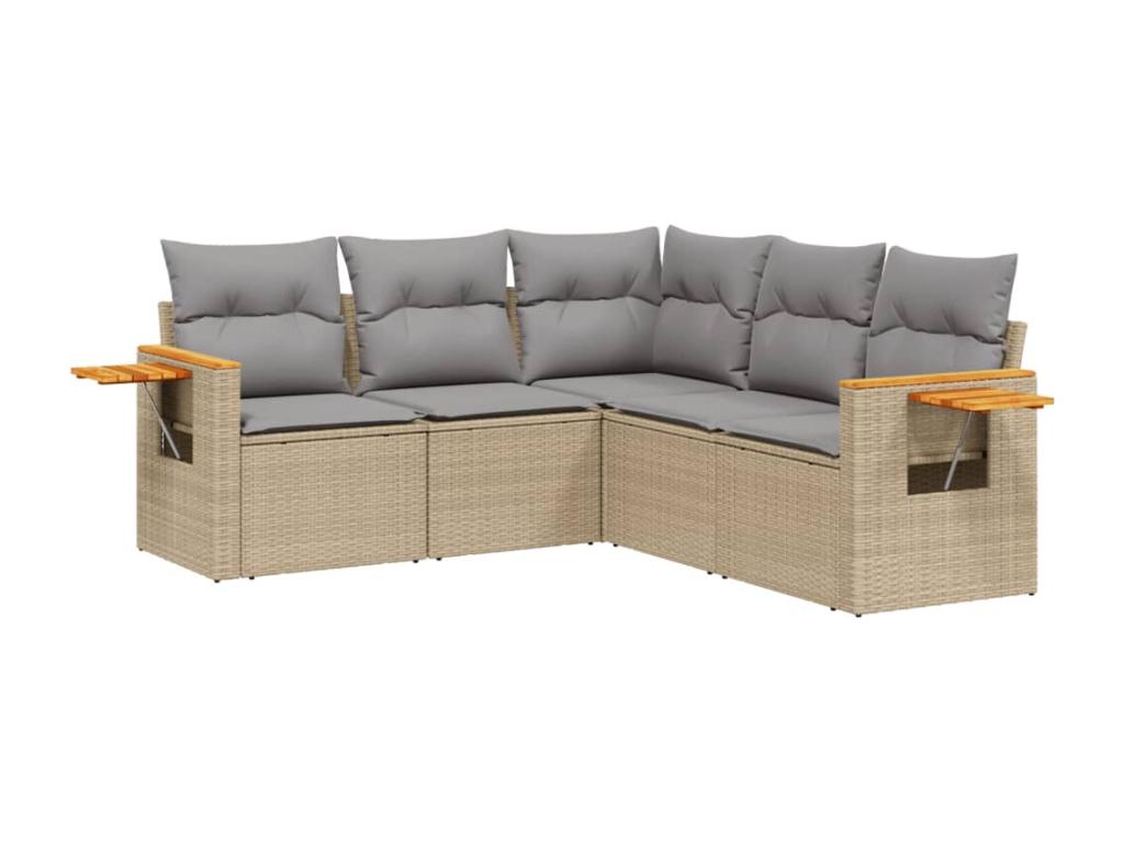 5-piece garden furniture set with cushions, beige woven resin