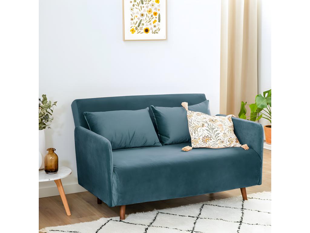 Meublori - 2-seater convertible sofa in velvet, 120cm wide - Duck blue