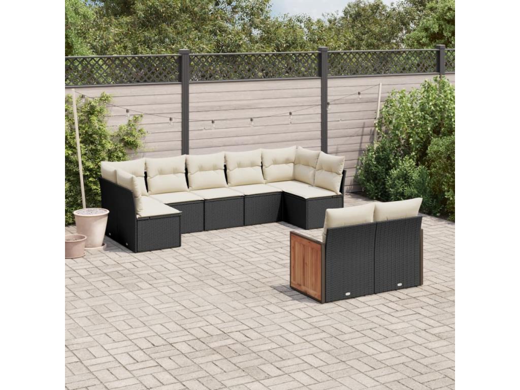 9-piece garden furniture set with cushions, black woven resin SBZE34665