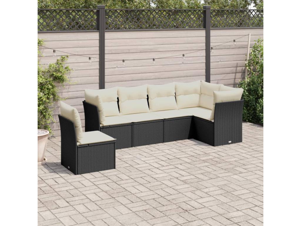 6-piece garden furniture set with cushions, black woven resin