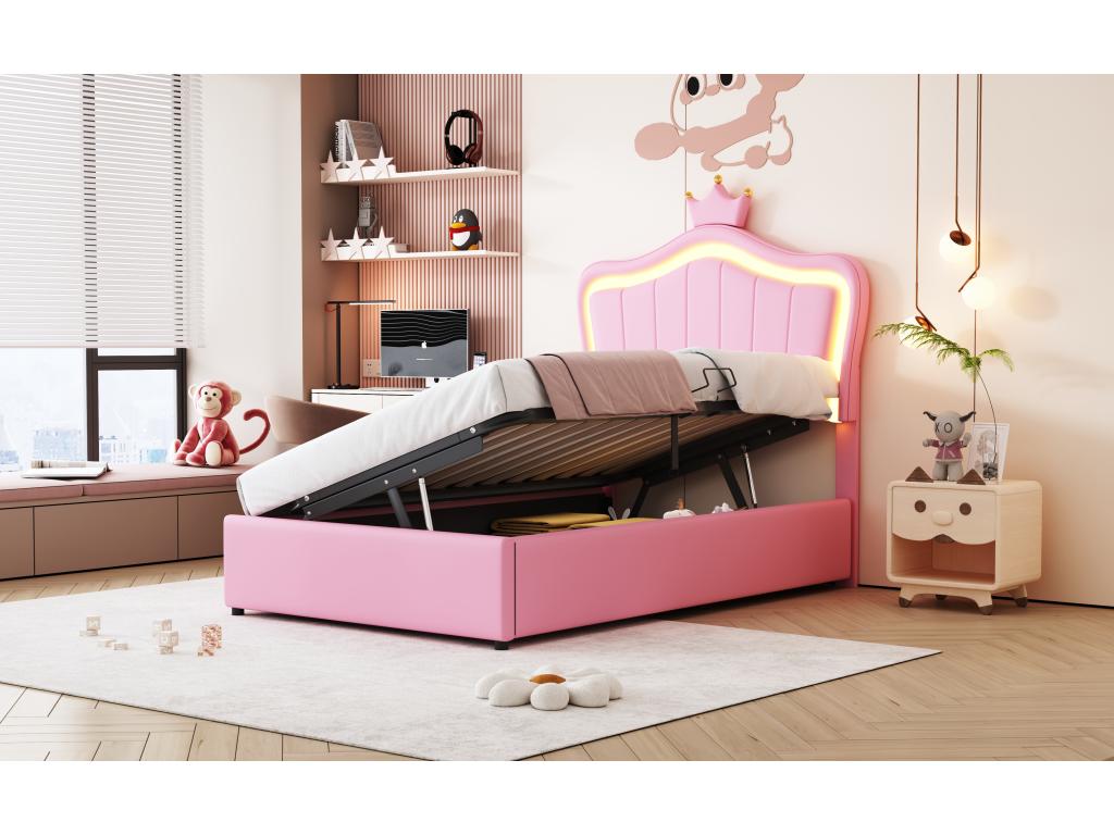 90x200 cm storage bed with adjustable headboard and LED lighting - faux leather - crown pattern - pink (mattress not included) TONP06222