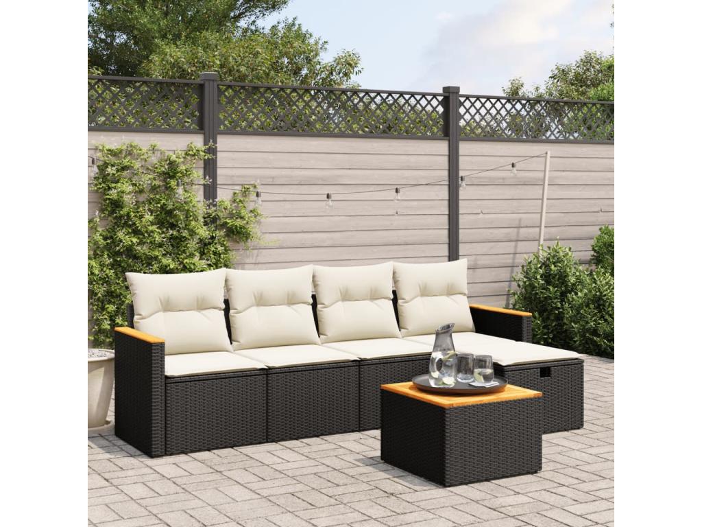 6-piece garden furniture set with cushions, black woven resin
