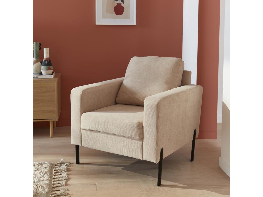Beige corduroy armchair - Meublori - Fixed 1-seater sofa with metal legs